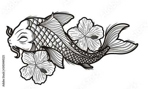 fishes, pez koi, fish carp koi, black and withe, beautiful, water sweet, love, decorative, vector, illustration, background, flower, imprimir imprimible,  hand drawn fish