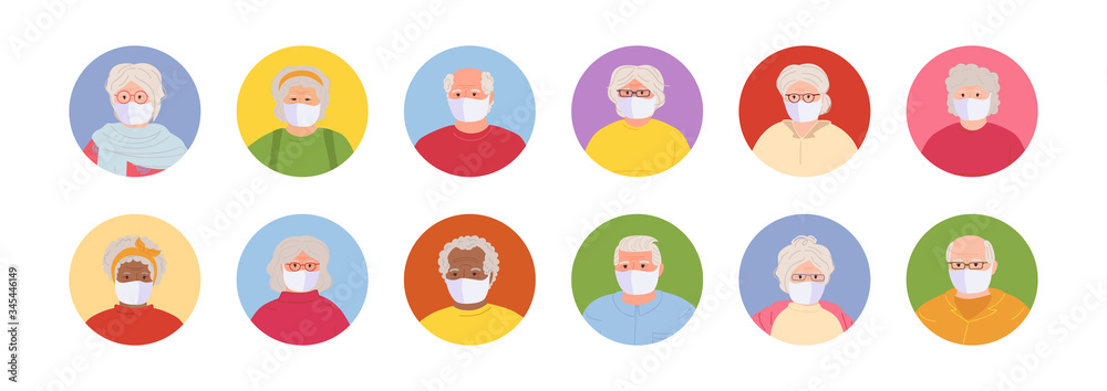 Avatars masked old people set cartoon style. Multi nationality elderly faces man and woman collection. Stop coronavirus pandemic. Isolated vector illustration Avatars masked old people set cartoon style. Multi nationality elderly faces man and woman collection. Stop coronavirus pandemic. Isolated vector illustration