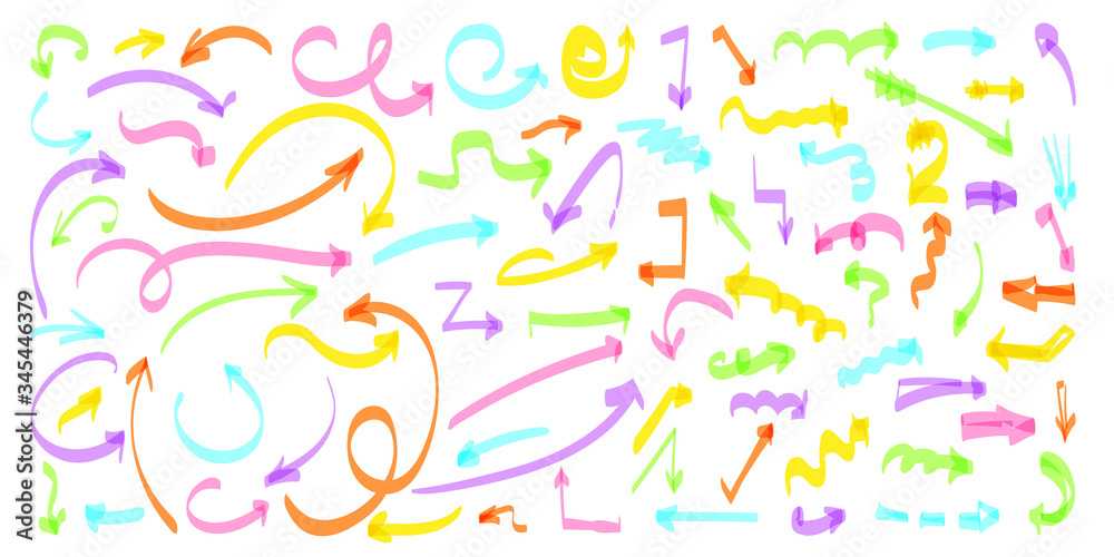 Colored aroows hand drawn line set. Sketch curve arrow cursor symbols. Doodle left right down direction sign collection. Business growth up graphic design element Isolated on white vector illustration Colored aroows hand drawn line set. Sketch curve arrow cursor symbols. Doodle left right down direction sign collection. Business growth up graphic design element Isolated on white vector illustration