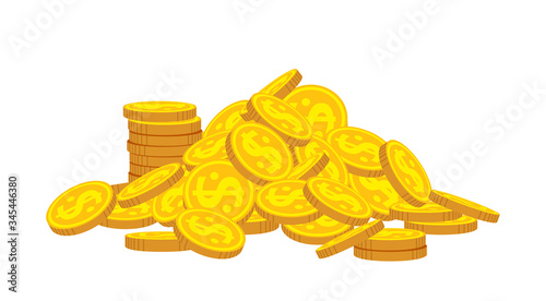 Mountain of gold coins flat cartoon. Golden coins pile heap, bank currency shining sign. Stacks money for game, apps. High stacks, financial growth. Hundreds cash pile. Isolated vector illustration