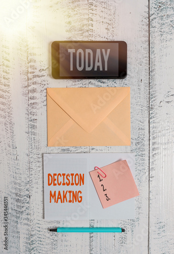 Word writing text Decision Making. Business photo showcasing The act of deciding between two or more possibilities Envelop smartphone notepad note clip marker old wooden vintage background photo