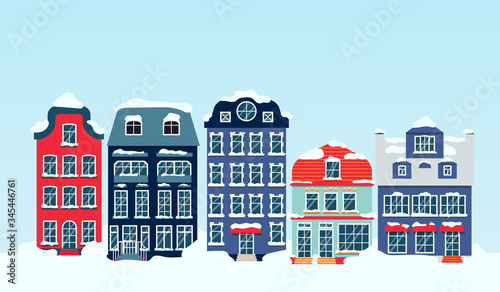Winter european snowy street with house sky flat cartoon card. Merry Christmas and Happy New Year panoramic horizontal banner with building. Xmas holiday urban cityscape Decorative vector illustration