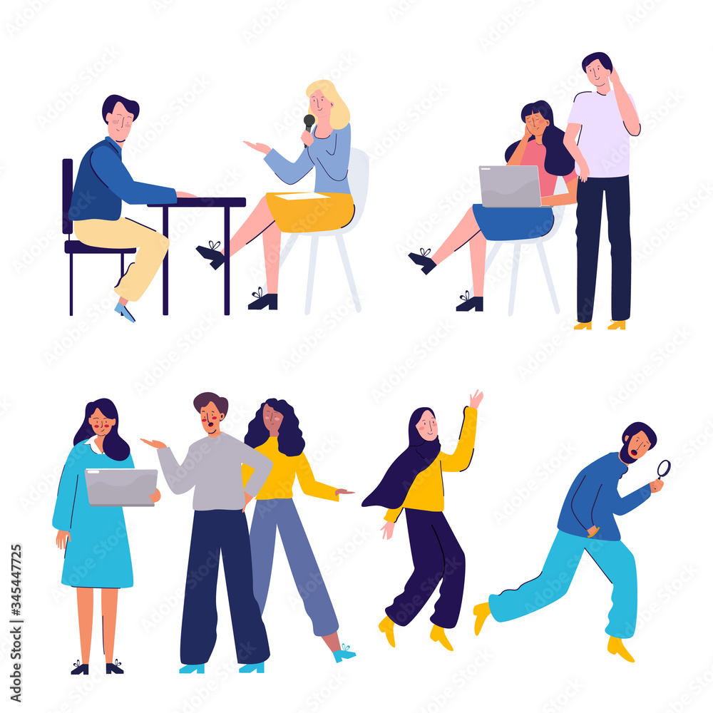 Naklejka premium collection of cartoon employee having discussion team together in office many character co working in casual. Vector flat illustration