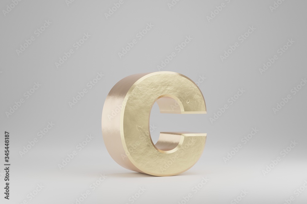 Gold 3d letter C lowercase. Golden letter isolated on white background. 3d rendered font character. Gold 3d letter C lowercase. Golden letter isolated on white background. 3d rendered font character.