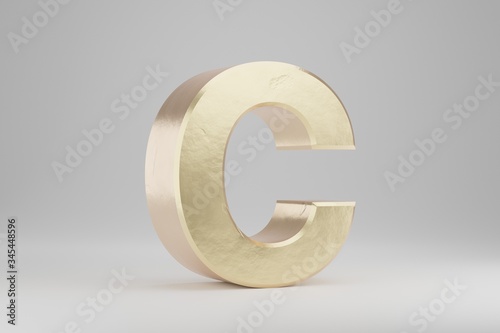 Gold 3d letter C uppercase. Golden letter isolated on white background. 3d rendered font character.