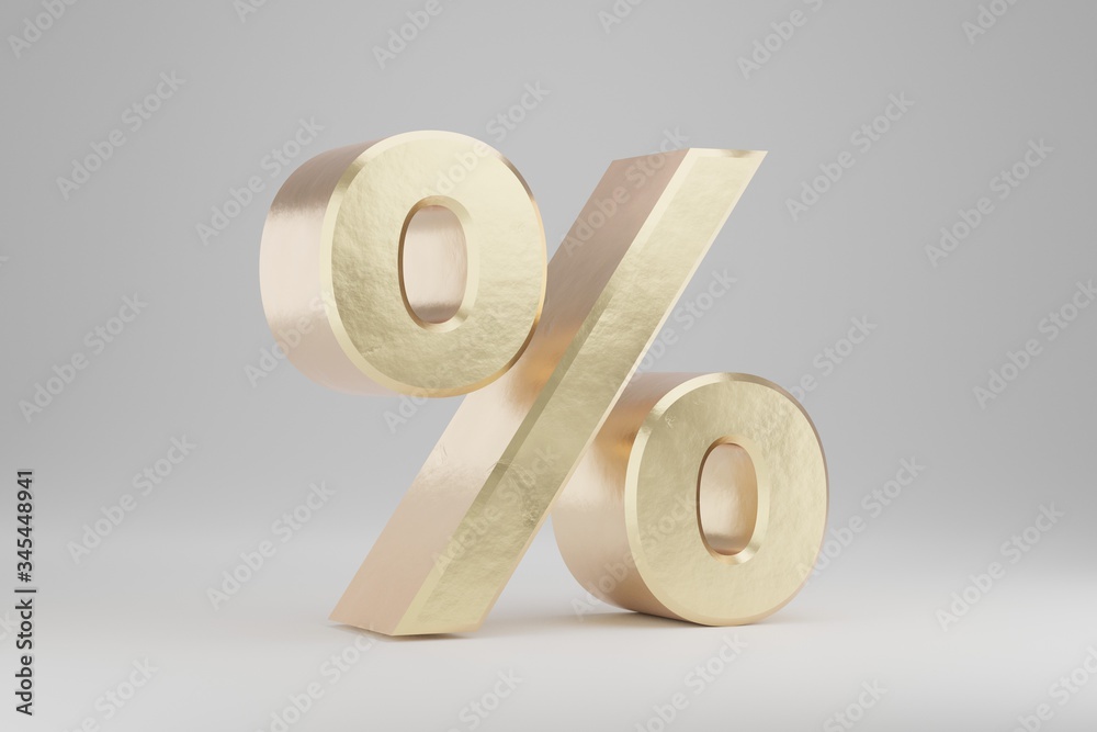 Gold 3d percent symbol. Golden sign isolated on white background. 3d rendered font character. Gold 3d percent symbol. Golden sign isolated on white background. 3d rendered font character.