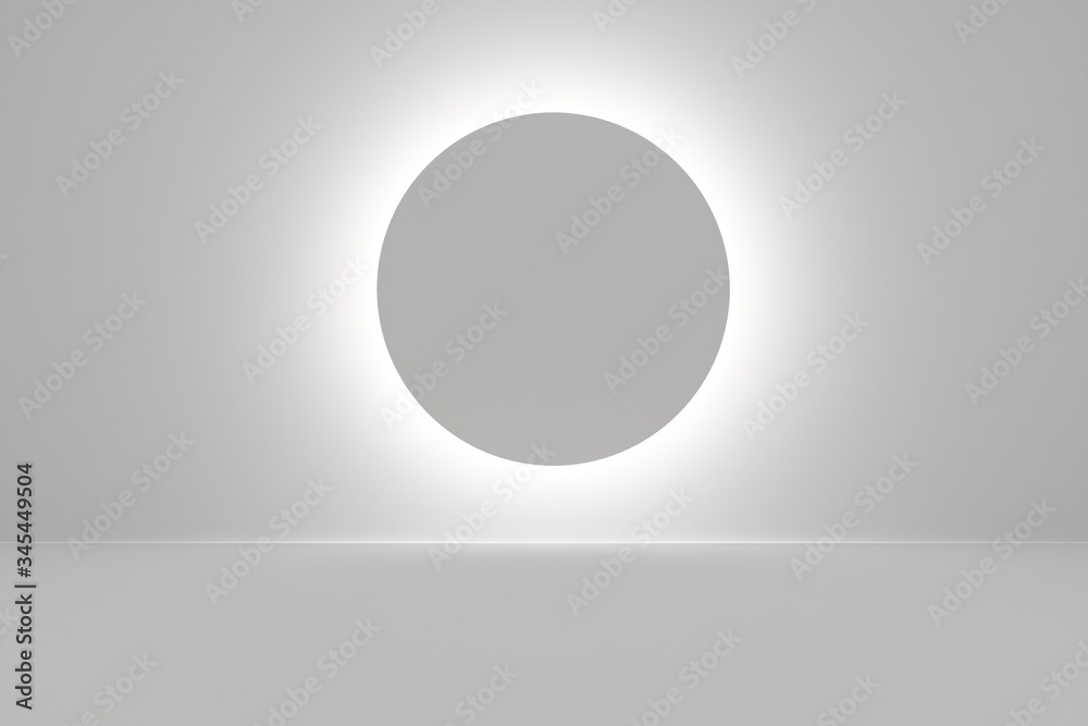 Empty white room with indirect backwall lighting from circle shaped lamp Empty white room with indirect backwall lighting from circle shaped lamp