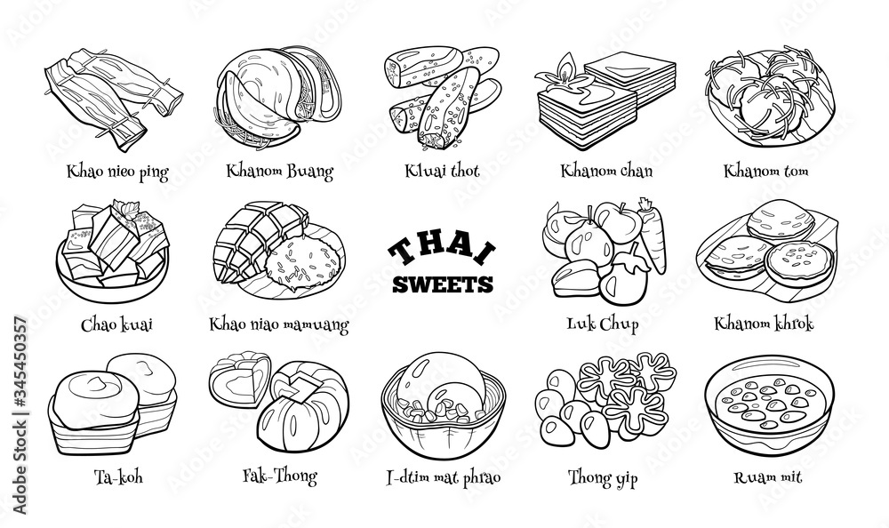 Collection of traditional Thai desserts. Hand drawn sketch in doodle style.