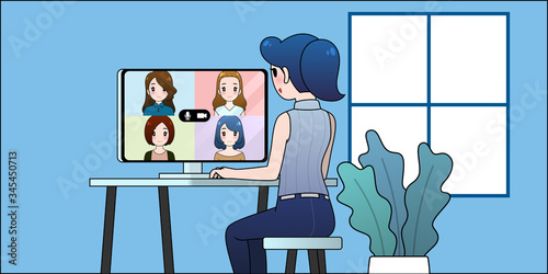 Work from home illustration woman group video conference online communication concept