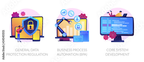 Privacy law, digital transformation, programming. General data protection regulation, business process automation, core system development metaphors. Vector isolated concept metaphor illustrations