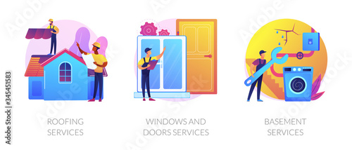 Home renovation metaphors. Roofing services, door and window installation, basement maintenance. House improvement, building construction. Vector isolated concept metaphor illustrations.
