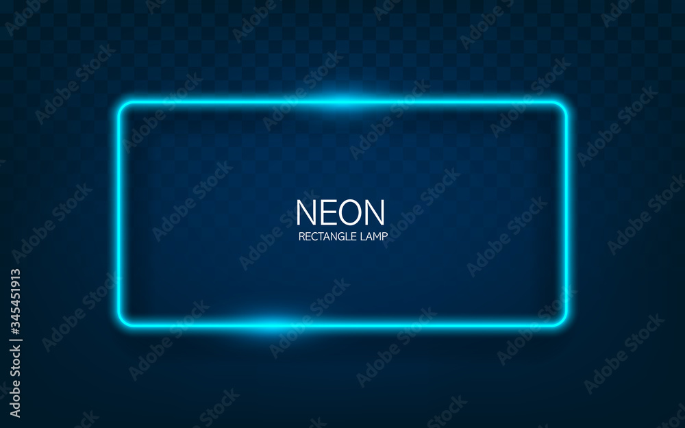 Neon rectangle lamp wall sign isolated on transparent background. Vector blue power glowing bulb banner, light line or neon frame for your design.