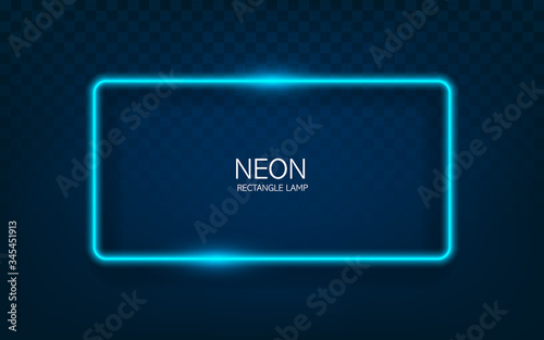Neon rectangle lamp wall sign isolated on transparent background. Vector blue power glowing bulb banner, light line or neon frame for your design.