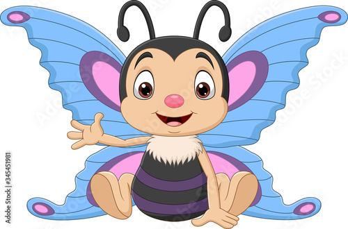 Cartoon funny butterfly sitting and waving
