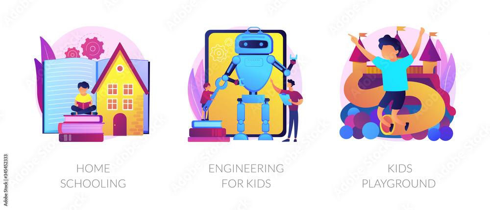 Children education and recreation. icons set. Home schooling, engineering for kids, kids playground metaphors. Entertainment and learning. Vector isolated concept metaphor illustrations.