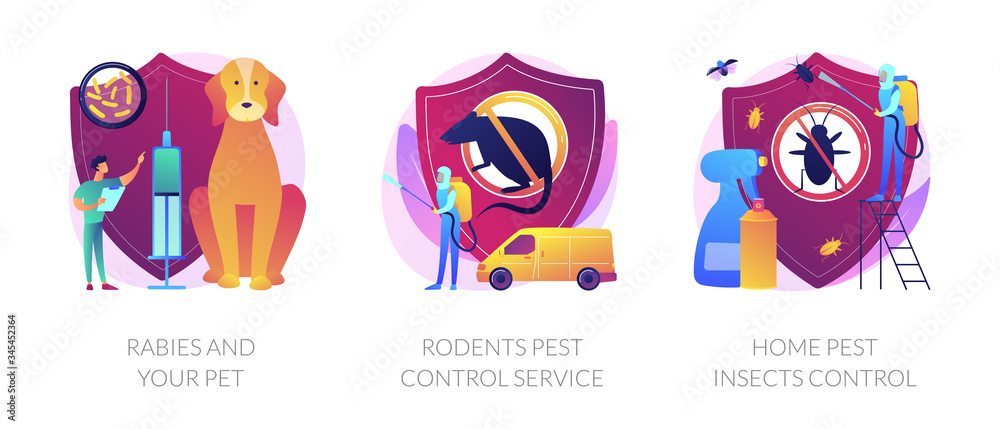 Animals antirabic vaccinations. House disinfection equipment. Rabies and your pet, rodents pest control service, home pest insects control metaphors. Vector isolated concept metaphor illustrations