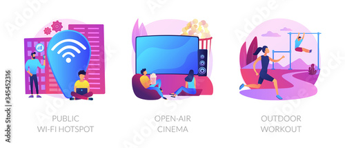 Entertainment and recreation flat icons set. Outside pastime, active lifestyle. Public wi-fi hotspot, open-air cinema, outdoor workout metaphors. Vector isolated concept metaphor illustrations.