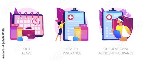 Workplace guarantees and perks. Financing employees diseases treatment. Sick leave, health insurance, occupational accident insurance metaphors. Vector isolated concept metaphor illustrations
