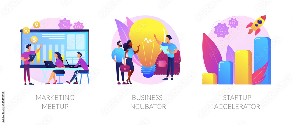 Startup supporting metaphors set. Development of companies, mentoring and training. Marketing meetup, business incubator, startup accelerator . Vector isolated concept metaphor illustrations Startup supporting metaphors set. Development of companies, mentoring and training. Marketing meetup, business incubator, startup accelerator . Vector isolated concept metaphor illustrations