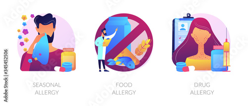 Allergy types abstract concept vector illustration set. Seasonal food and drug allergy symptoms remedy and treatment. Skin and blood testing, diagnosis complications and medication abstract metaphor.