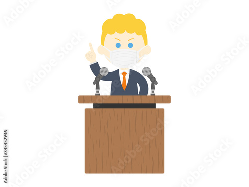 演説するマスクを着けた白人男性のイラスト