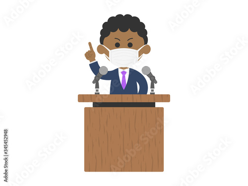演説するマスクを着けた白人男性のイラスト