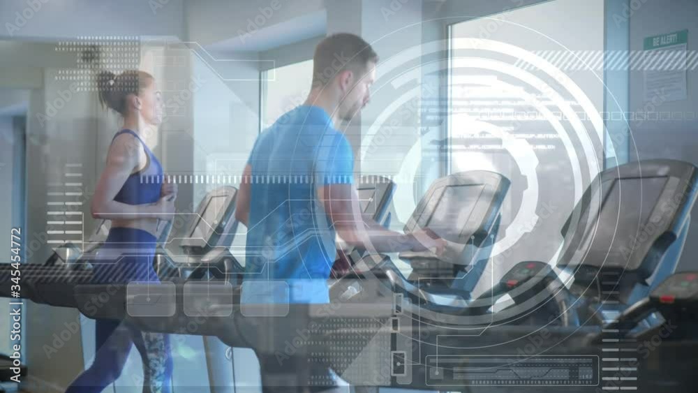Animation of data processing with athletes running on treadmills