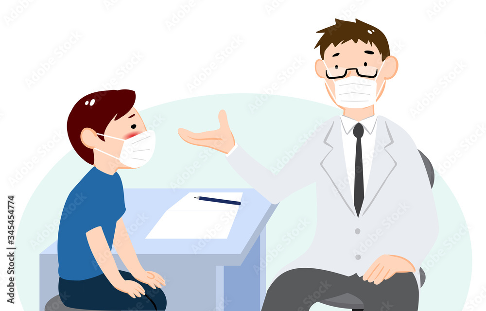 診察室で医師の説明を聞く患者のイラスト 診察室で医師の説明を聞く患者のイラスト