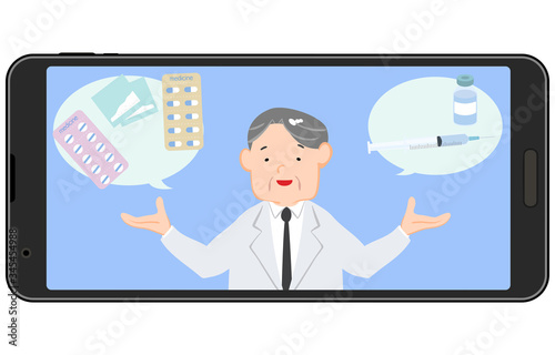 スマホの動画で薬の説明をする薬剤師のイラスト