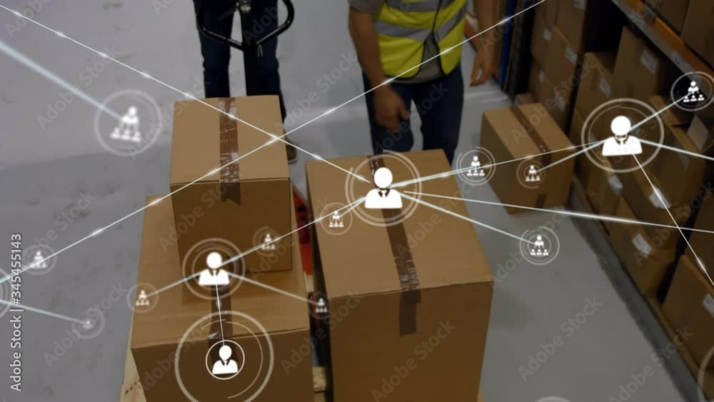 Animation of network connections with people icons and workers in background