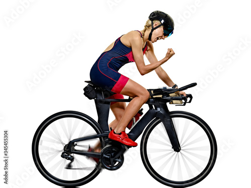 Fototapeta Naklejka Na Ścianę i Meble -  woman triathlon triathlete ironman athlete cyclist cycling isolated white background