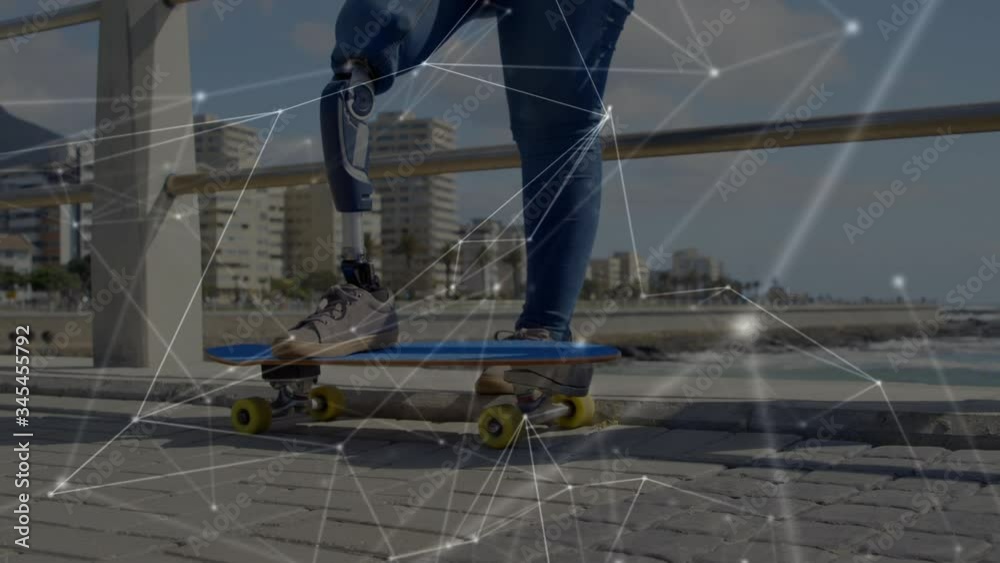 Animation of data processing with female with prosthetic leg in background Animation of data processing with female with prosthetic leg in background