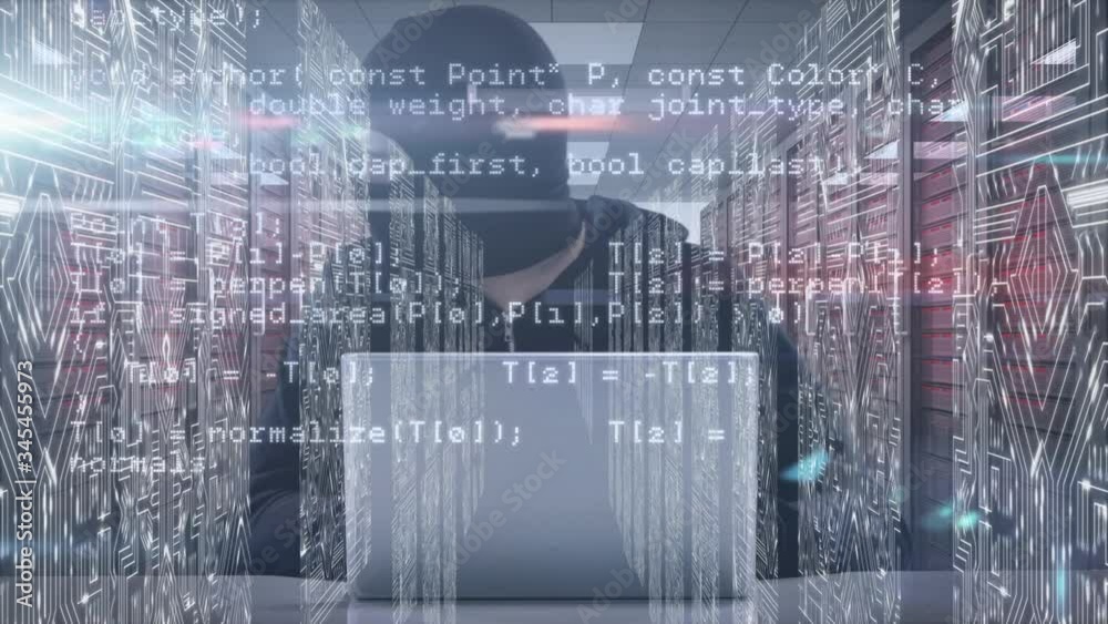 Animation of data with man with a mask hacking computers Animation of data with man with a mask hacking computers