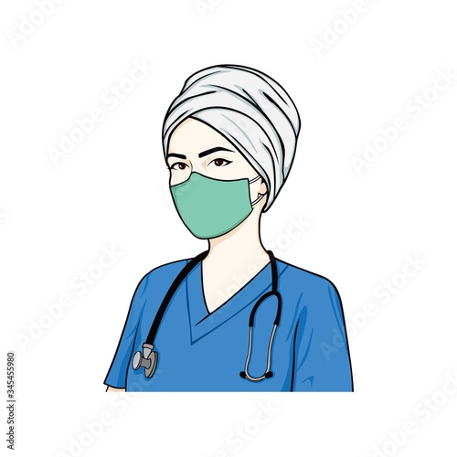 Beautiful Young Turban Female Nurse Wearing Surgery Mask with Stethoscope Illustration, Vector Design Template