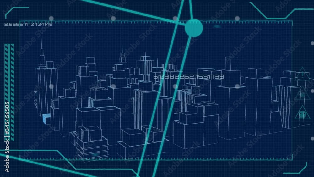 Cube rotation over 3D architectural model of city on blue background Cube rotation over 3D architectural model of city on blue background