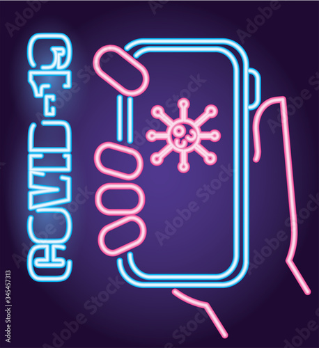 hand with smartphone covid19 neon light style