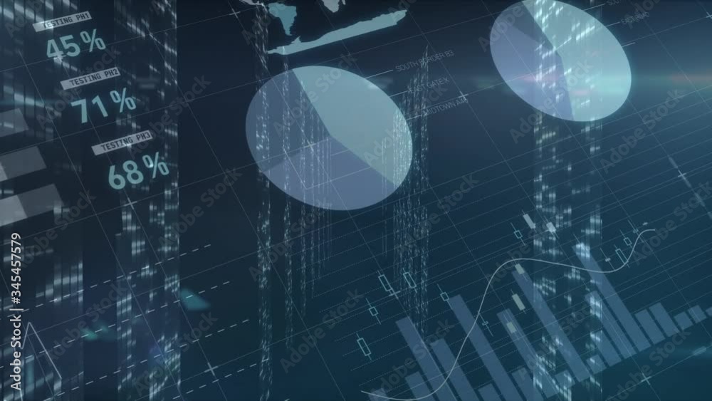 Animation of stock market numbers and computer processors recording data in background Animation of stock market numbers and computer processors recording data in background