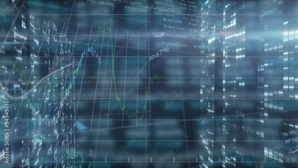 Animation of stock market numbers and computer processors recording data in background Animation of stock market numbers and computer processors recording data in background