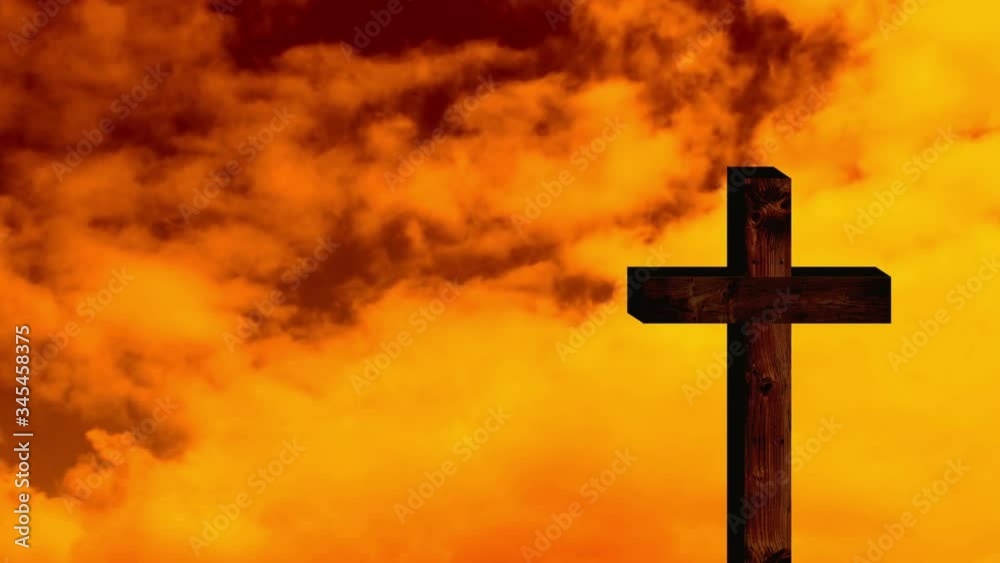 Animation of Christian cross over orange and yellow clouds moving in background Animation of Christian cross over orange and yellow clouds moving in background