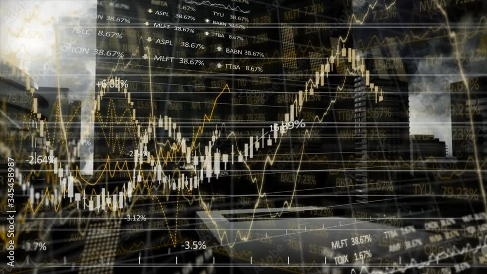 Animation of stock market display with modern office buildings in the background. Animation of stock market display with modern office buildings in the background.