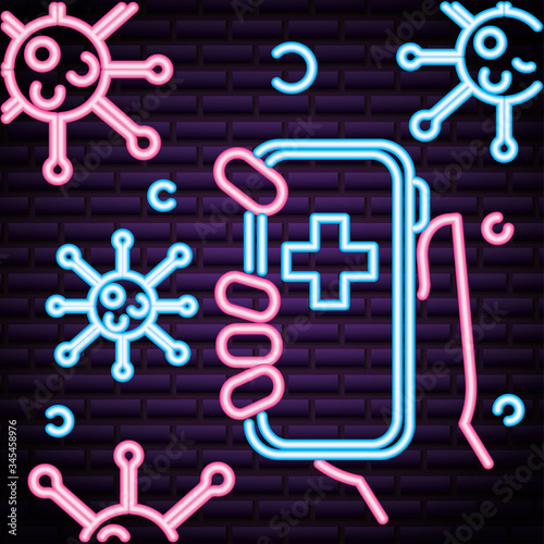 smartphone with covid19 particles neon light style