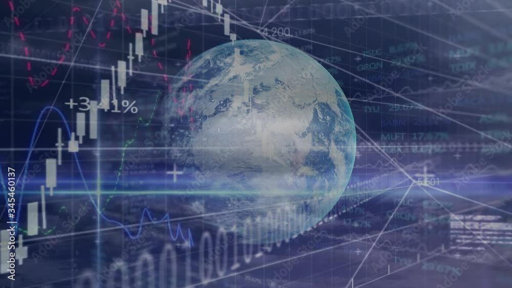 Animation of globe over stock market display in the background. Animation of globe over stock market display in the background.