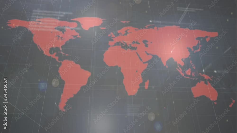 Animation of coronavirus Covid 19 spreading, world map with data processing and statistics recording Animation of coronavirus Covid 19 spreading, world map with data processing and statistics recording