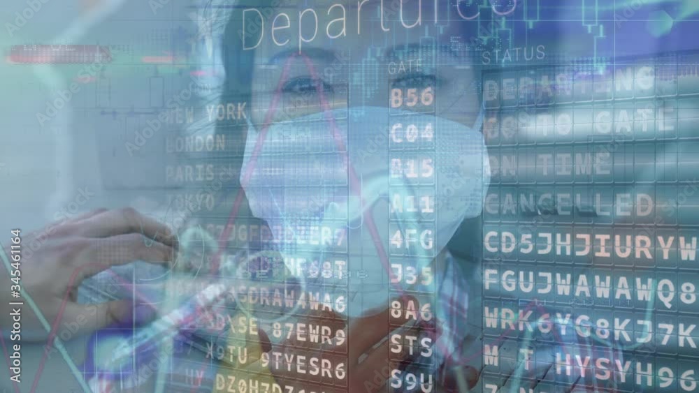Animation of a woman wearing a face mask over an airport time schedule in the background. Animation of a woman wearing a face mask over an airport time schedule in the background.