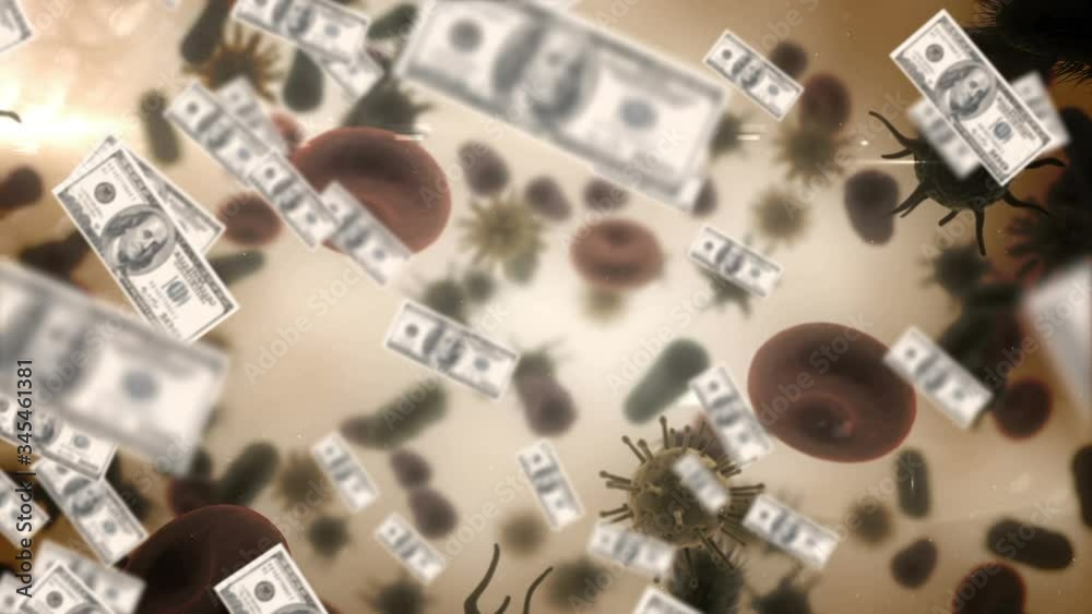 Animation of macro Covid-19 cells and American dollar bills floating. Animation of macro Covid-19 cells and American dollar bills floating.