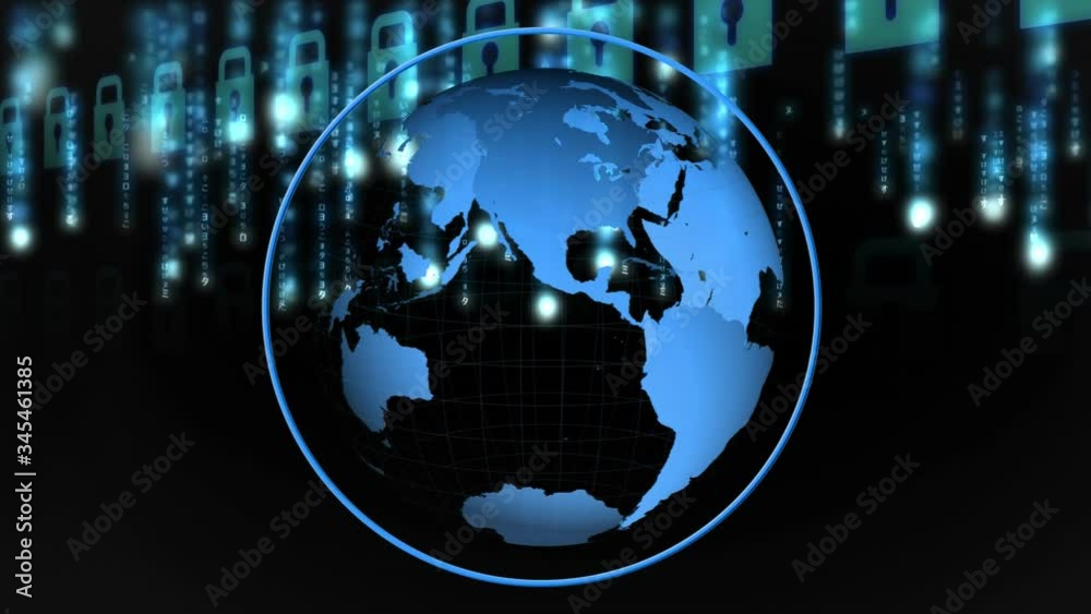 Animation of Globe spinning and moving padlocks in background Animation of Globe spinning and moving padlocks in background
