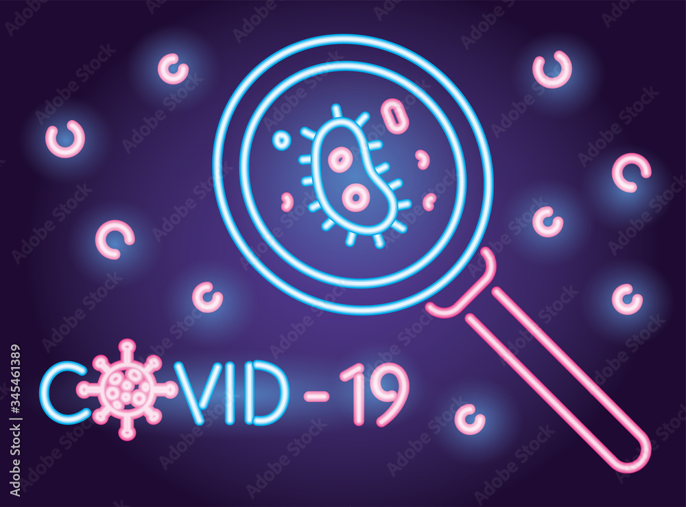 covid19 particles and magnifying glass neon light style