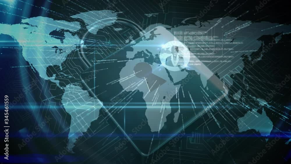 Animation of a padlock and data processing with world map in background Animation of a padlock and data processing with world map in background