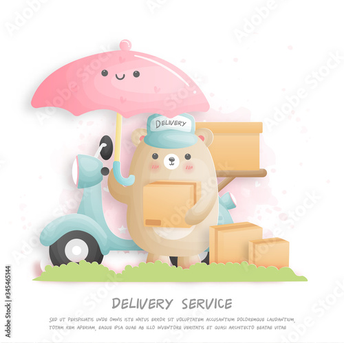 Delivery bear carrying package deliver to town with scooter. paper cut style. Vector illustration. 