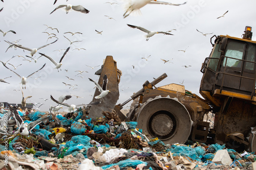Rubbish piled on a landfill full of trash withbulldozer working